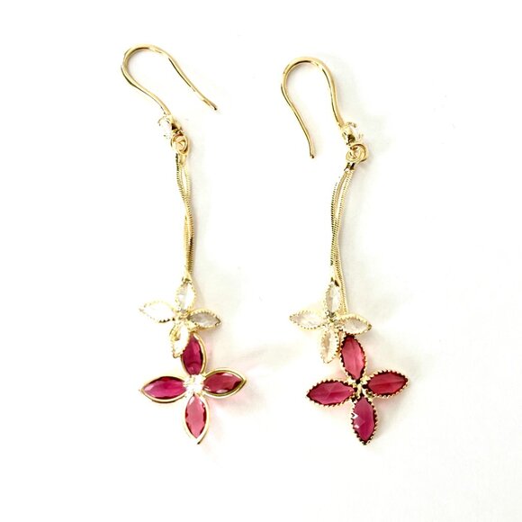 Dangle Earrings Gold Tone White and Pink Stones Floral Pattern Jewelry - Picture 4 of 4
